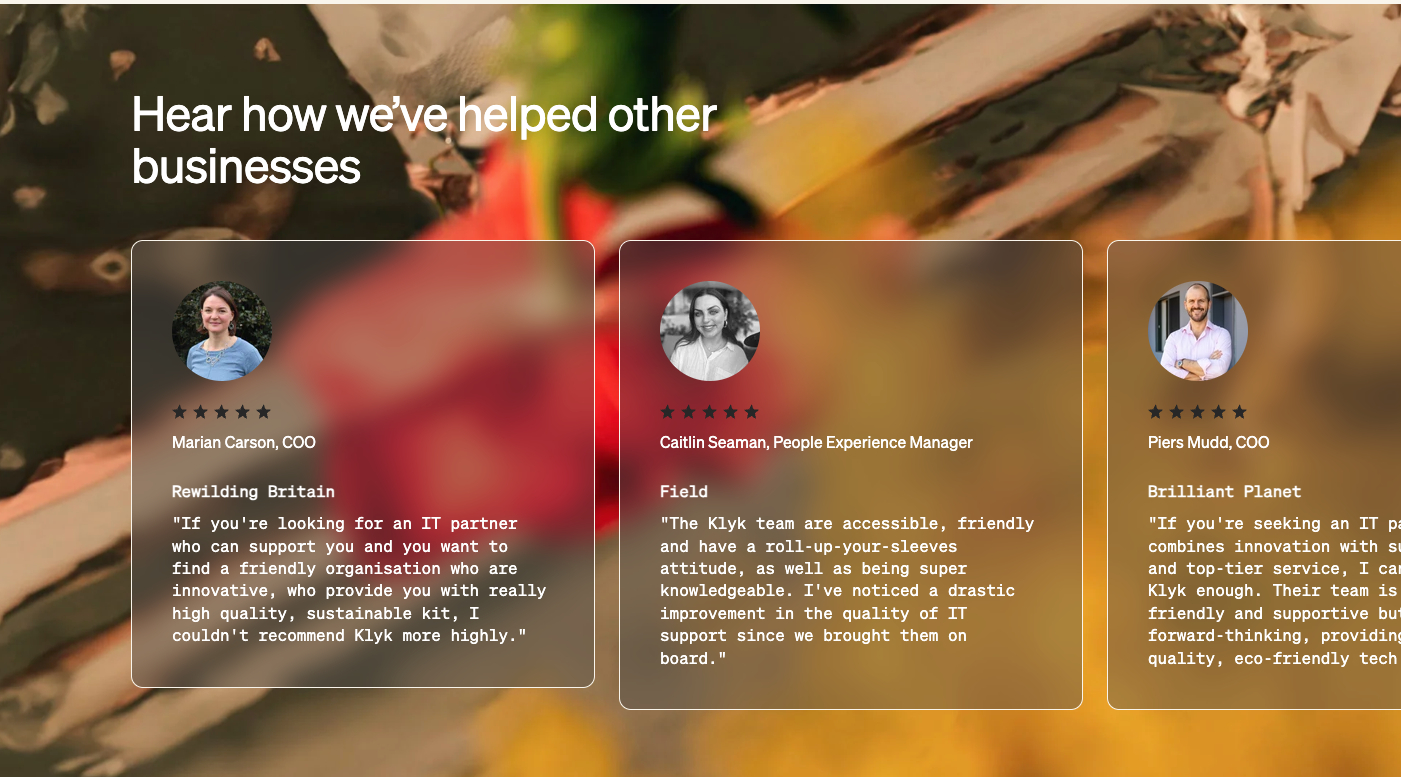 Screenshot of custom testimonial section from Klyk website