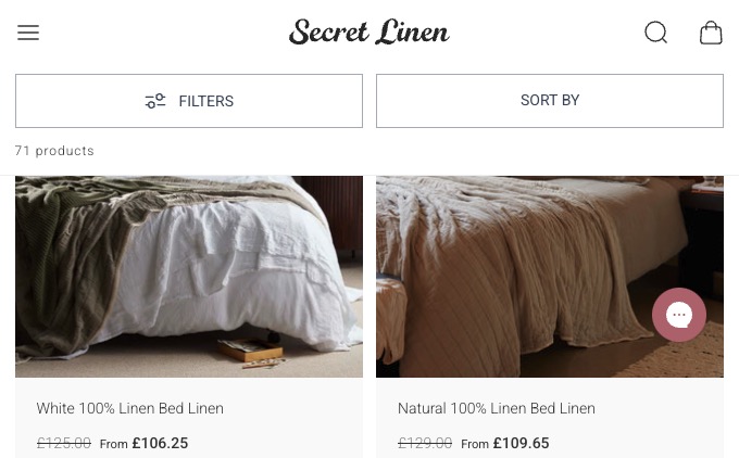 Screenshot of the Secret Linen Store Shopify storefront homepage